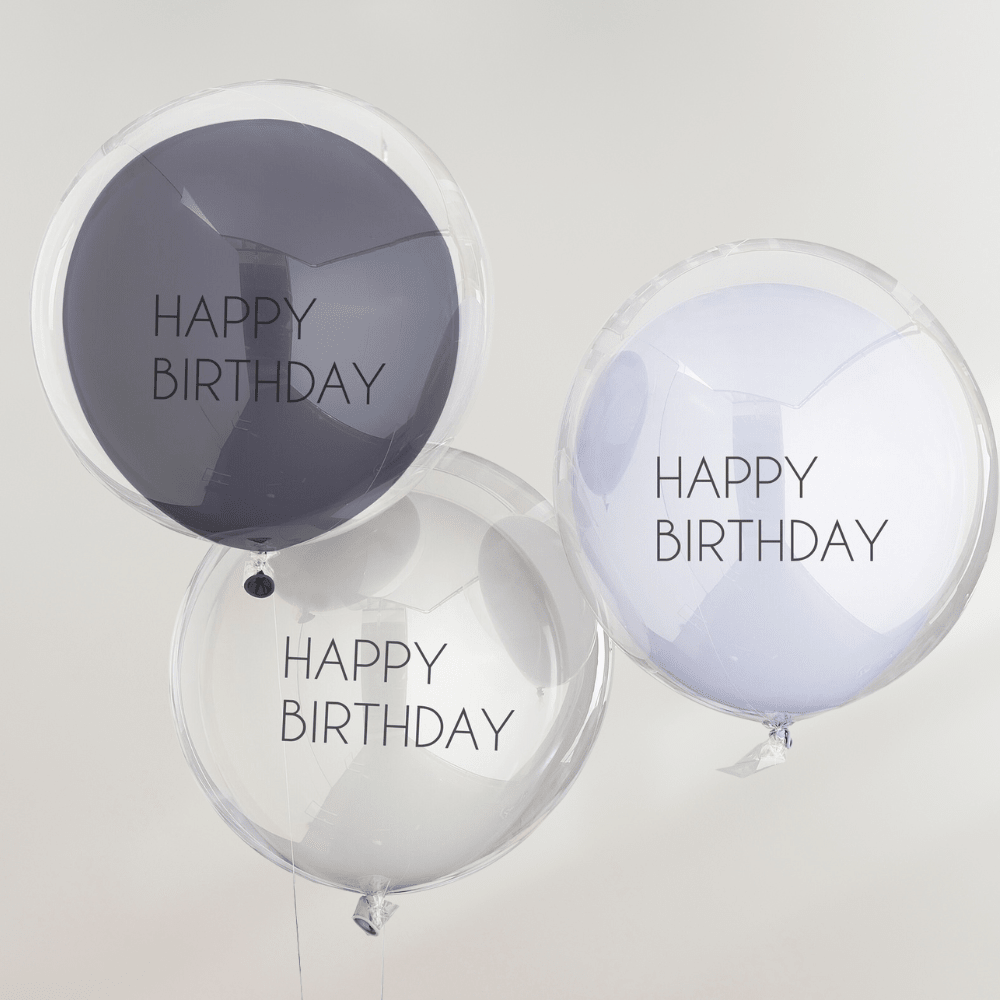 Blå & Grå Dobbelballong "Happy Birthday" Bukett - Ballonglevering.no