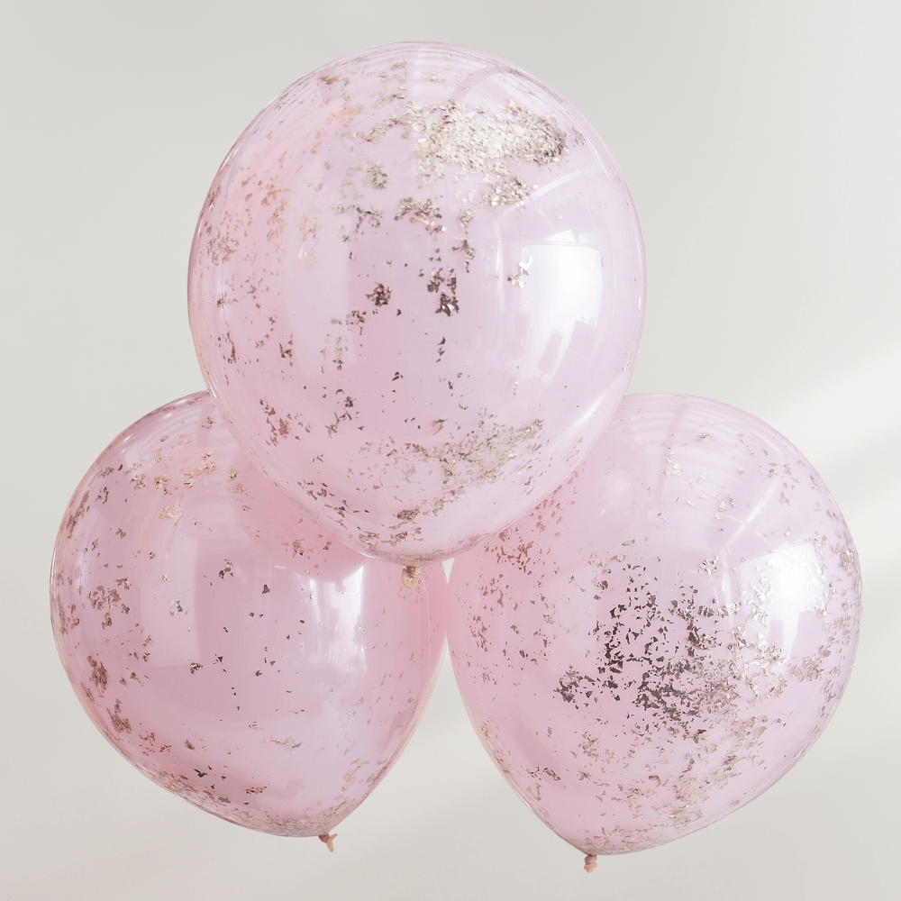 Rosa og Rosegull Konfetti Dobbelballong Bukett - Ballonglevering.no