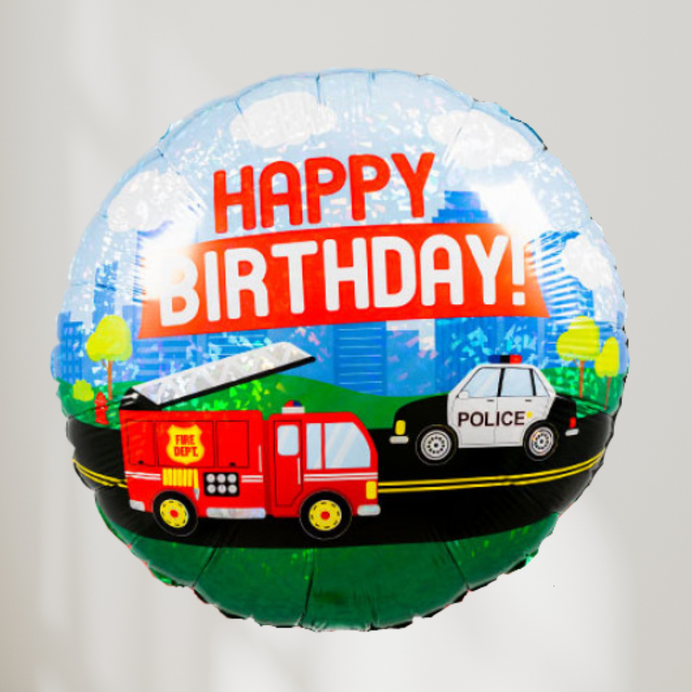 Happy Birthday Brannbil og Politibil Ballong