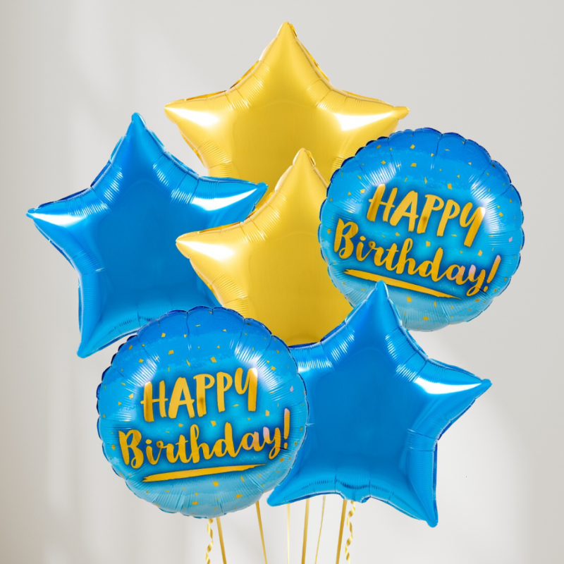 Blue & Gold Happy Birthday Stars Ballongbukett