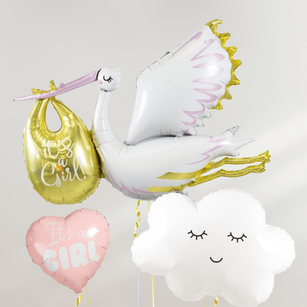 Baby Girl Stork & Cloud Ballongbukett - Ballonglevering.no