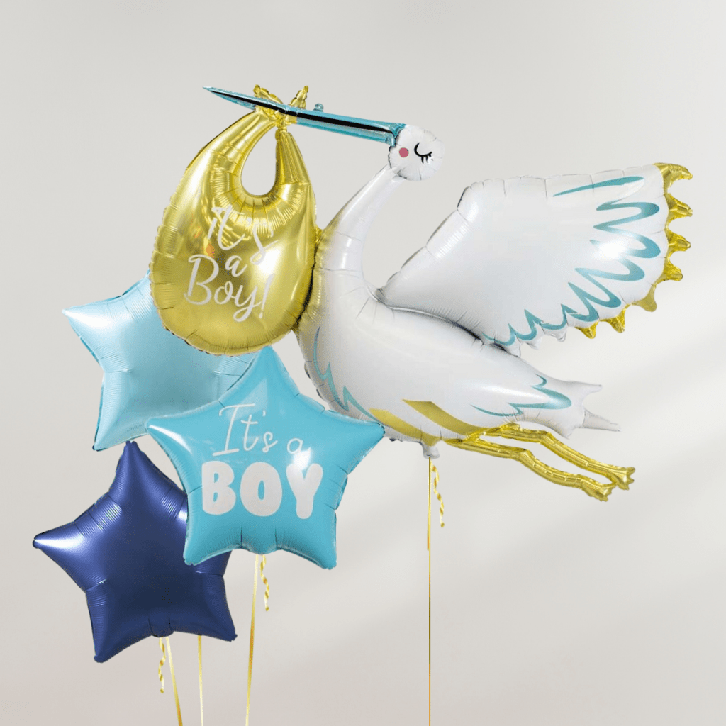Baby Stork Blå Ballongbukett - Ballonglevering.no