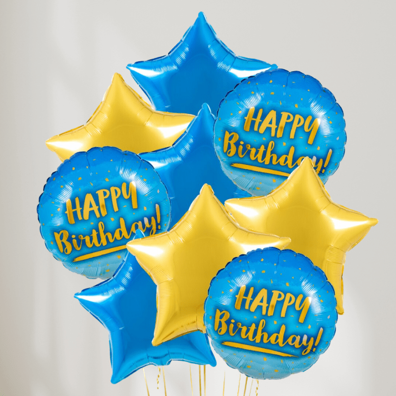 Blue & Gold Happy Birthday Stars Ballongbukett - Ballonglevering.no