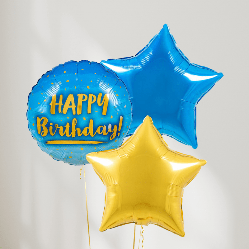 Blue & Gold Happy Birthday Stars Ballongbukett - Ballonglevering.no