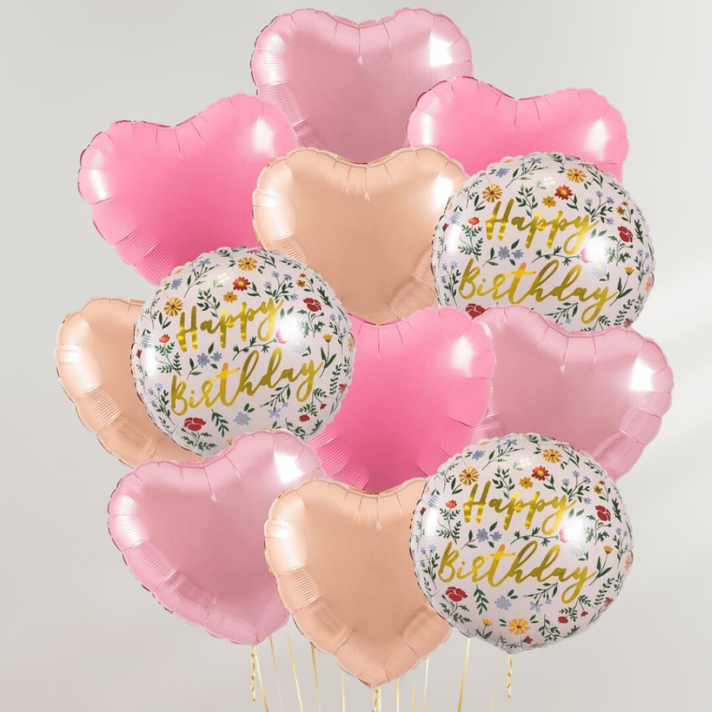 Floral Hearts Birthday Ballongbukett - Ballonglevering.no
