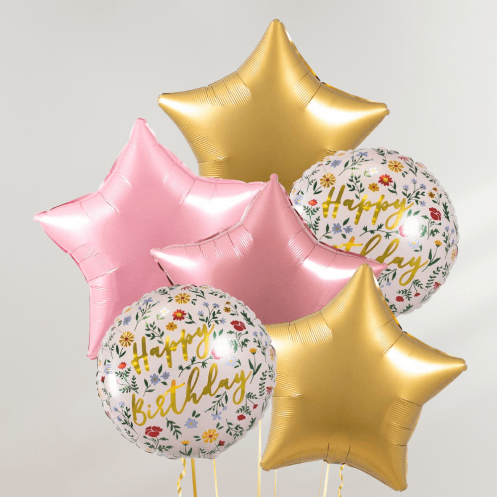Happy Birthday Floral Stars Ballongbukett - Ballonglevering.no