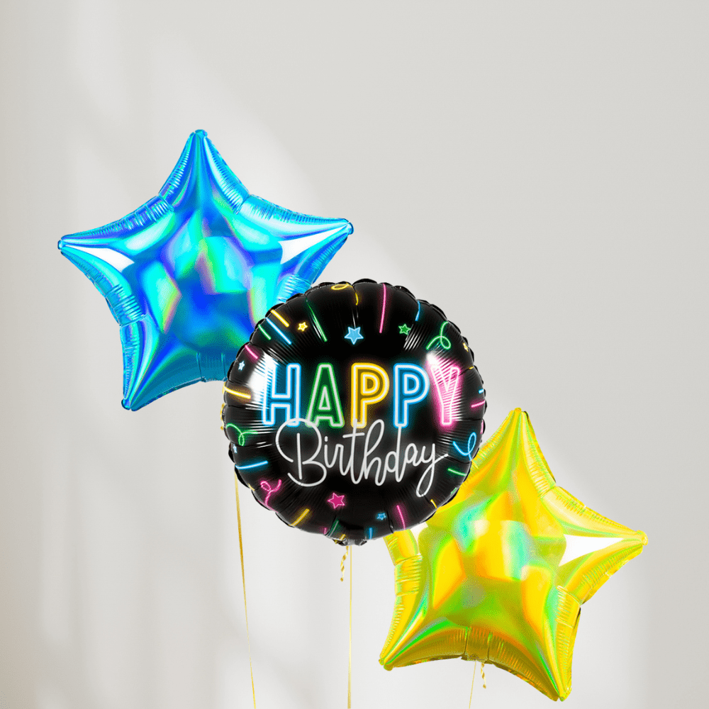 Neon Blå og Gul Happy Birthday Ballongbukett - Ballonglevering.no