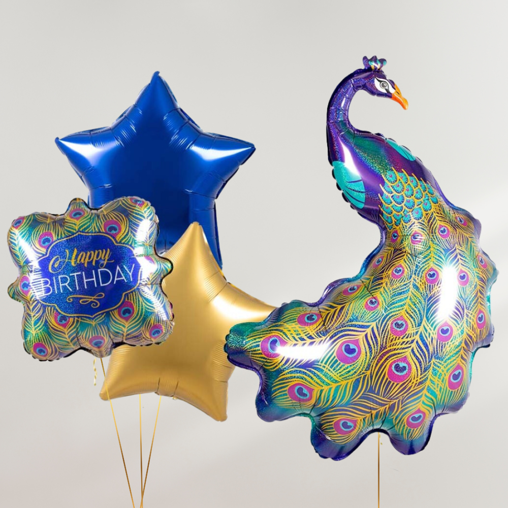 Påfugl Happy Birthday Ballongbukett - Ballonglevering.no