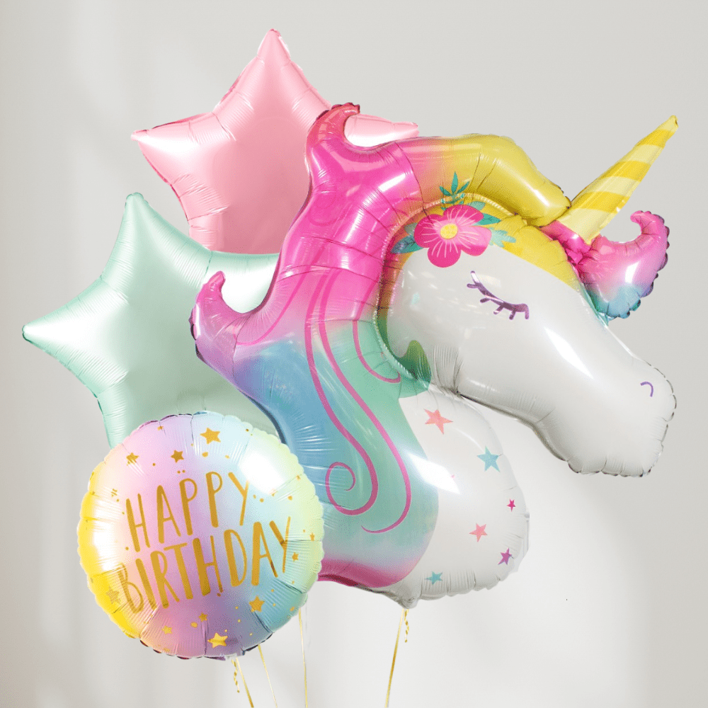 Rosa Enhjørning med Stjerner og Happy Birthday - Ballonglevering.no