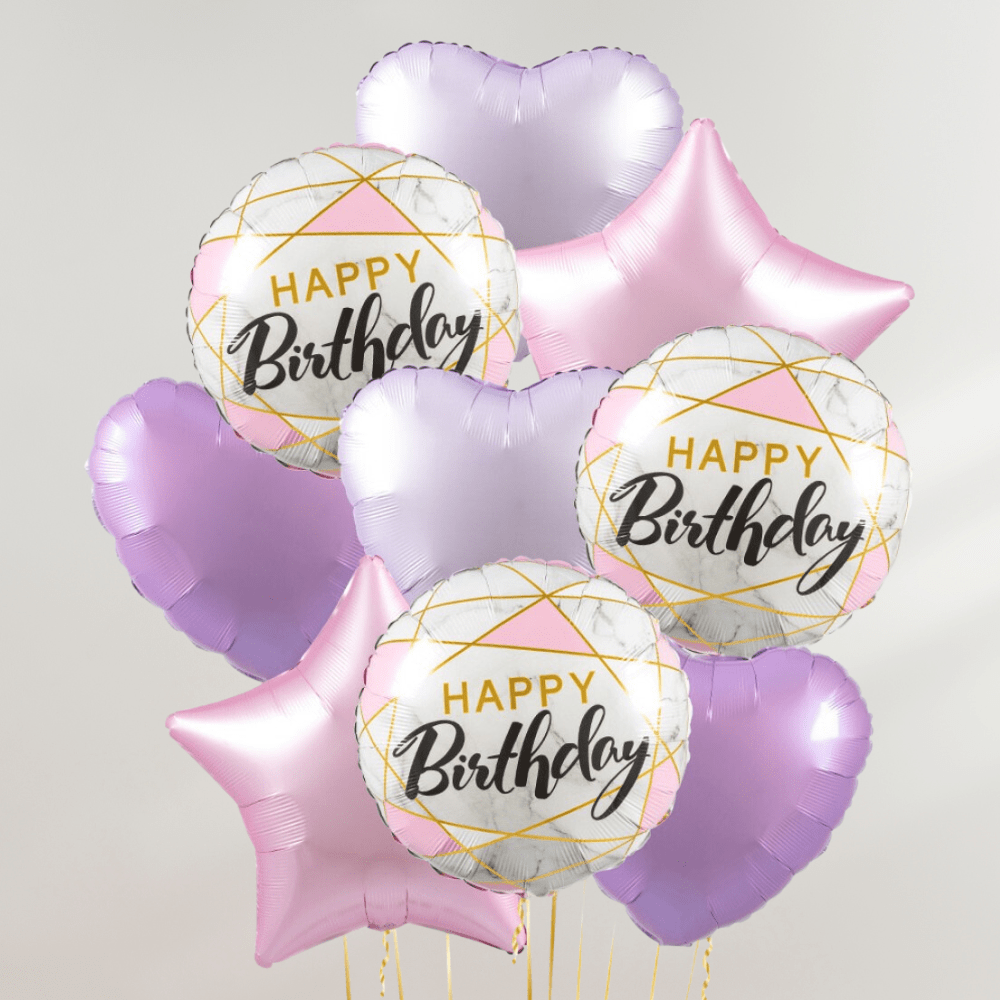 Rosa & Lilla Marble Happy Birthday Ballongbukett - Ballonglevering.no
