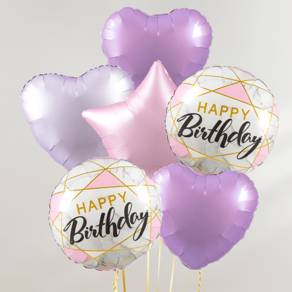 Rosa & Lilla Marble Happy Birthday Ballongbukett - Ballonglevering.no