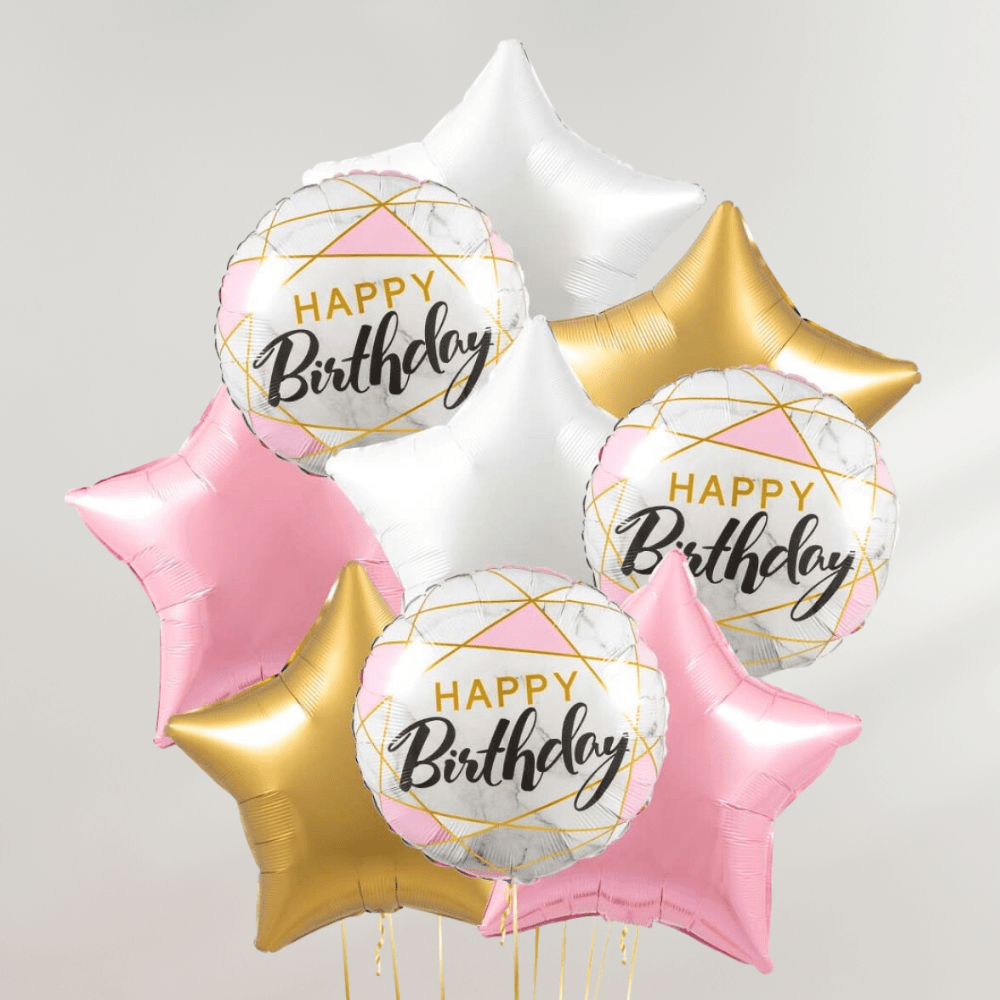 Rosa og Gull Stjerner Happy Birthday Ballongbukett - Ballonglevering.no