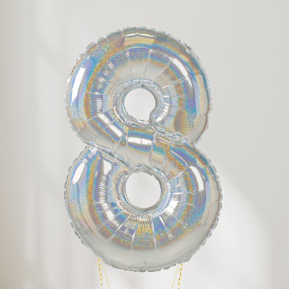 Tallballong Glitter Holografisk Sølv - Velg Ditt Tall - Ballonglevering.no