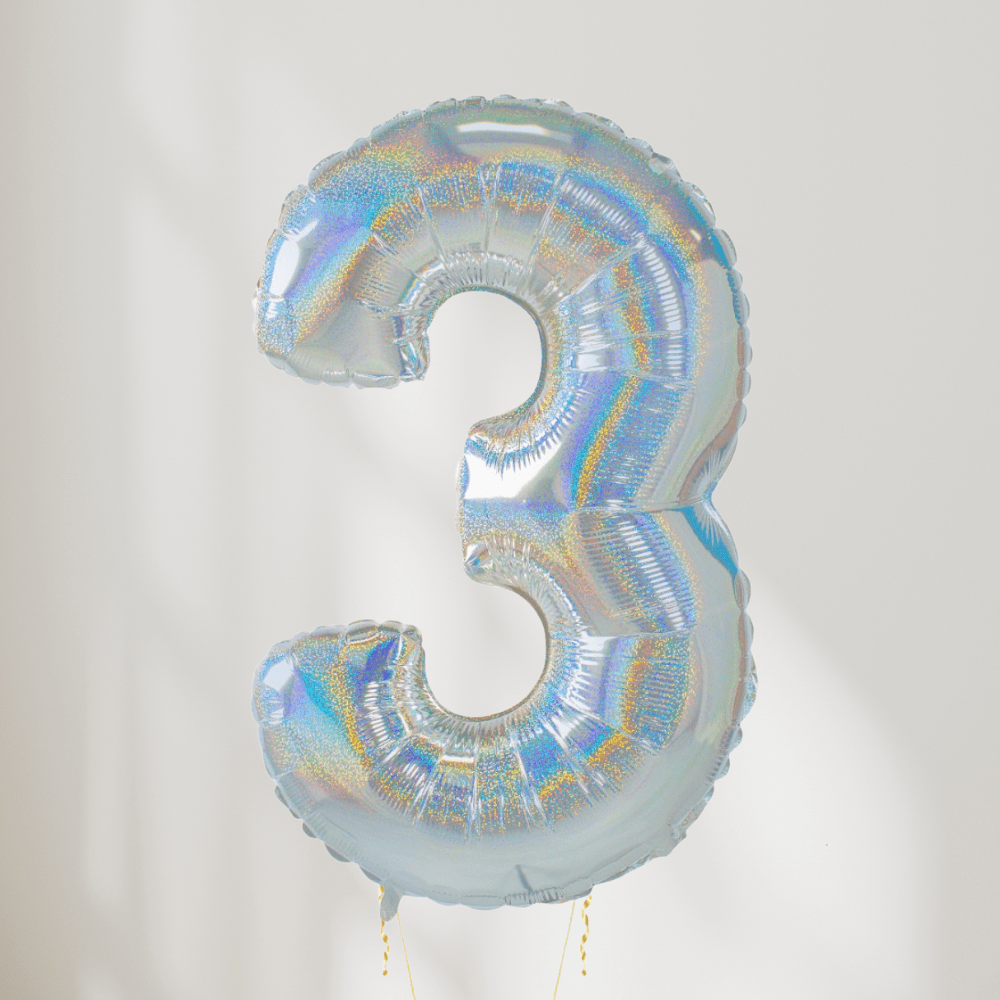 Tallballong Glitter Holografisk Sølv - Velg Ditt Tall - Ballonglevering.no